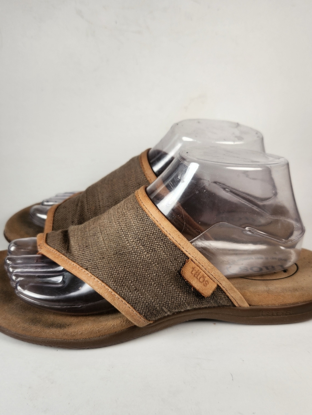 Taos Footwear Brown Canvas Slide Sandals with Tan Trim - Picture 10 of 11